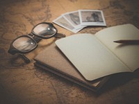 Free flat lay old retro antique desk, travel concept photo, public domain CC0 image.