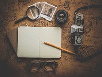 Free flat lay old retro antique desk, travel concept photo, public domain CC0 image.