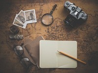 Free flat lay old retro antique desk, travel concept photo, public domain CC0 image.