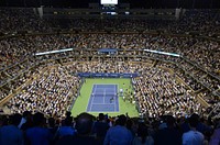 Free indoor tennis court with audience image, public domain sport CC0 photo.