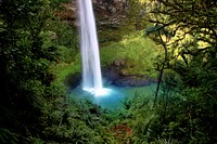 Free waterfall in green forest photo, public domain nature CC0 image.