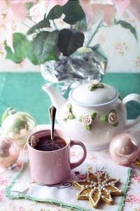 Free pink cup and cookie photo, public domain food CC0 image.