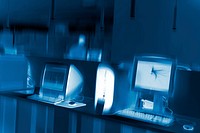 Free blurry blue computer lab image, public domain CC0 photo.