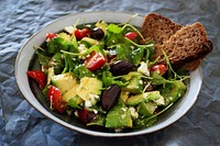 Free bowl of salad with toasted bread image, public domain food CC0 photo.