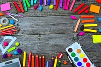 Free colored pencils frame flat lay image, public domain stationery CC0 photo.