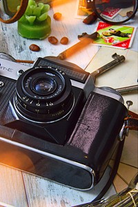 Free analog camera image, public domain messy table CC0 photo.