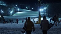 Free people go skiing at night image, public domain CC0 photo.