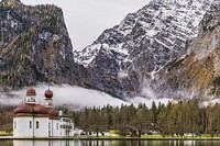 Free village in snowy mountain landscape image, public domain nature CC0 photo.