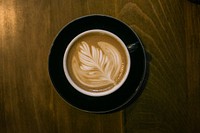 Free flat lay latte coffee photo, public domain drink CC0 image.