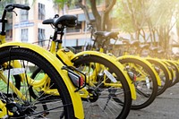 Free yellow bikes lined together image, public domain transportation CC0 photo.