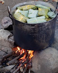 Free banana leaf wrapped food steaming over fire image, public domain CC0 photo.
