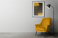 Picture frame mockup psd hanging in modern living room home decor interior