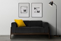 Picture frame mockup psd hanging in modern living room home decor interior