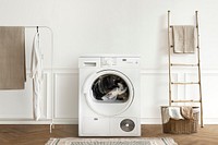Washing machine in a minimal laundry room interior design