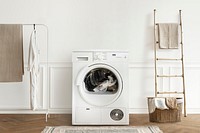 Washing machine mockup psd in a minimal laundry room interior design