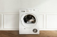 Washing machine mockup psd in a minimal laundry room interior design