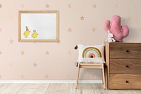 Wooden cabinet in minimal girl’s room