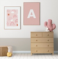 Picture frame mockup psd hanging in kids room home decor interior