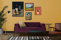 Gallery wall mockup psd hanging in retro room home decor interior