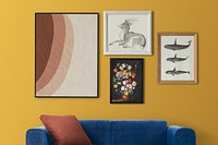 Gallery wall mockup psd hanging in retro room home decor interior