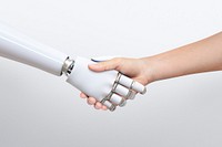 Robot handshake psd human, futuristic digital age background