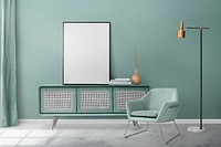 Mint green contemporary living room interior design with blank picture frame