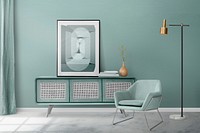 Mint green contemporary living room interior design with picture frame
