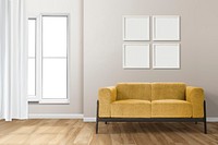 Picture frame mockup psd hanging in a modern living room