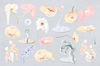 Flowers stickers PSD psychedelic pastel abstract art set