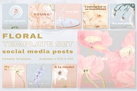 Floral Instagram post templates vector, abstract pastel psychedelic art set