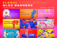 Floral PSD banner templates, abstract colorful psychedelic art set