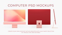 Computer desktop screen mockup psd pink digital device feminine style