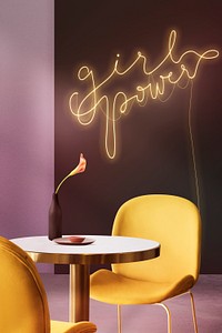 Girl power neon sign mockup psd in authentic cafe