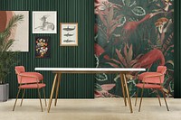 Tropical authentic dining room interior design with gallery wall