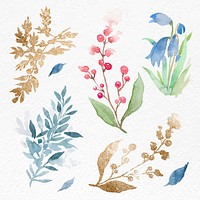 Winter leaves set watercolor vector blue seasonal graphic