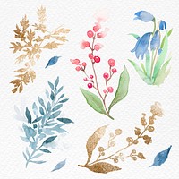 Winter leaves set watercolor psd blue seasonal graphic