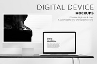 Computer screen mockup psd on a desk in a minimal home office