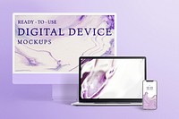 Phone, computer, laptop screen mockup psd, purple aesthetic 