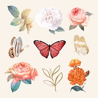 Flower & butterfly illustration vector set, remixed from vintage public domain images