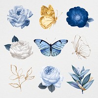 Flower & leaf illustration psd set, remixed from vintage public domain images