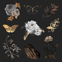 Flower & leaf illustration psd set, remixed from vintage public domain images