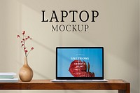 Laptop screen mockup, botanical design space psd