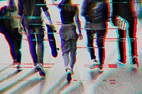 Anaglyph glitch psd effect in 3d tone with group of friends walking remixed media