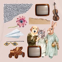 Vintage collage aesthetic vector element set, illustration collage mixed media art