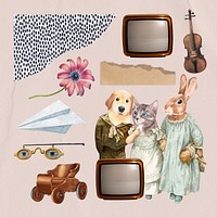 Vintage collage illustration sticker set, psd printable collage mixed media art