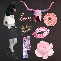 Digital collage graphic set, vector vintage illustration mixed media art