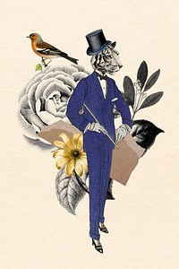 Collage vintage animal illustration, psd mixed media layer