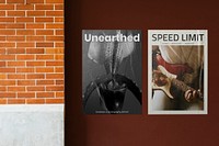 Editable poster mockups on urban wall psd