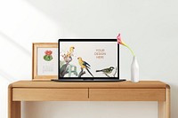 Laptop mockup, digital device psd on desk, feminine workspace design