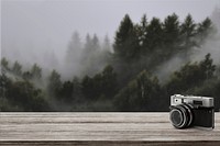 Travel product backdrop mockup psd, pine tree and camera